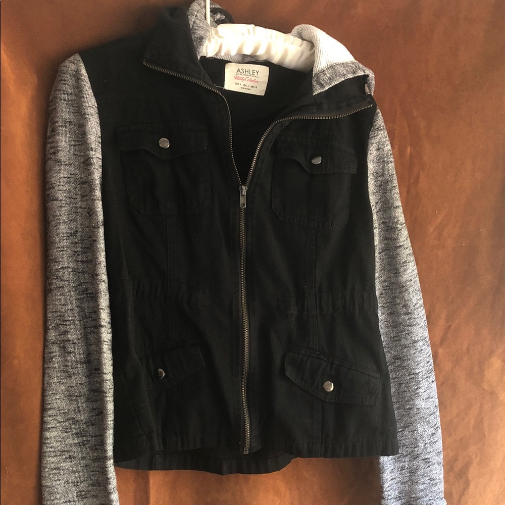 Ashley By 26 International Black Jacket with Gray Knit Sleeves and Hood